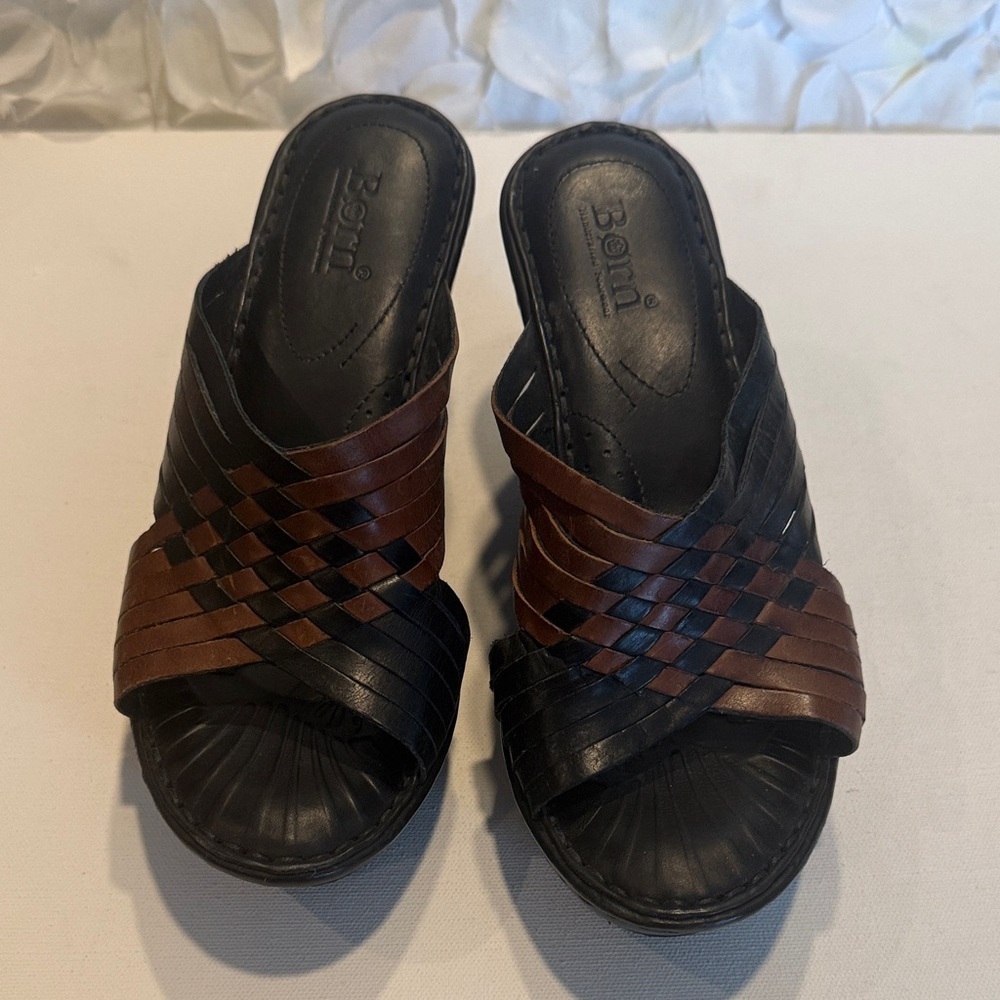 Born Black & Brown Woven Leather Wedge Slide
